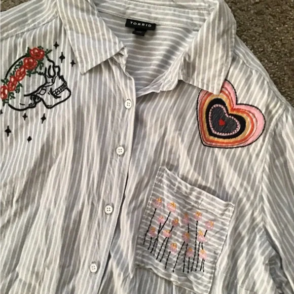 Torrid Blue Striped Embroidered Button Down Shirt - Picture 6 of 9